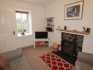 A living room with a television and bookshelf at Garth Cottage in Haverfordwest