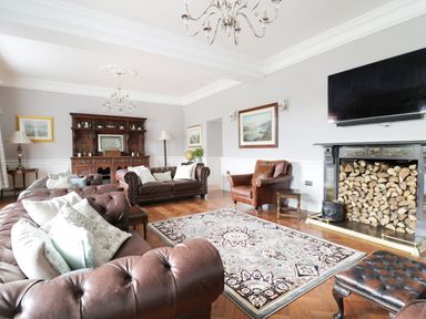 A sitting room with leather sofas a fireplace filled with firewood and a wooden cabinet at Bryn Derwen in Bethesda near Caernarfon