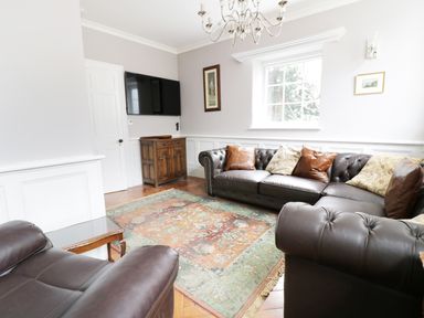 A living room with leather sofas a wooden cabinet a mounted television and a patterned rug at Bryn Derwen in Bethesda near Caernarfon
