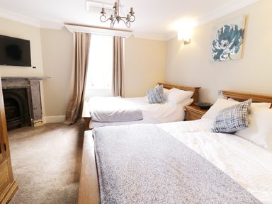 A bedroom with two single beds a fireplace a wall-mounted television and a window with curtains at Bryn Derwen in Bethesda near Caernarfon