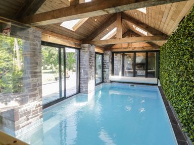 An indoor swimming pool with glass doors stone walls and a green wall at Bryn Derwen Bethesda near Caernarfon