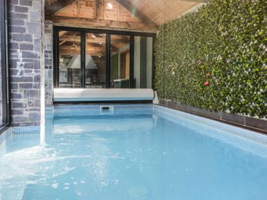 An indoor pool with clear blue water next to a wall with green foliage and large glass doors at Bryn Derwen in Bethesda near Caernarfon