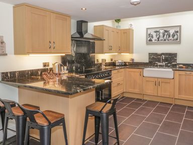 A kitchen with wooden cabinets black countertops bar stools and a framed cow painting at Bryn Derwen Coach House Bethesda