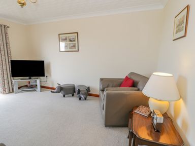 A living room with a brown leather sofa red cushion wooden side table with lamp and clock tv on a stand and elephant-shaped footstools at Bryn Coch Bach in Dyffryn Ardudwy