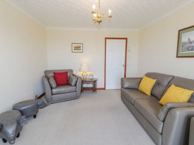 A living room with a sofa and armchair with cushions a side table with a lamp two animal-shaped stools and framed pictures on the walls at Bryn Coch Bach in Dyffryn Ardudwy