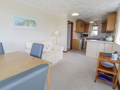 A living room with a wooden dining table and gray chairs a white sofa with a pillow a floor lamp a wooden kitchen with appliances and a wooden trolley with items at Bryn Coch Bach in Dyffryn Ardudwy