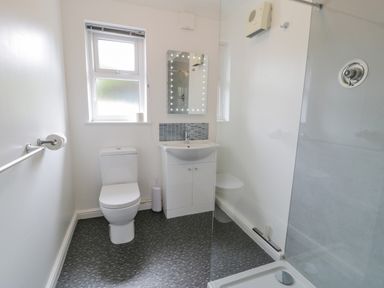 A bathroom with a toilet sink with vanity mirror and a shower at Bryn Coch Bach in Dyffryn Ardudwy