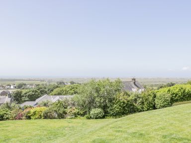 A grassy yard with bushes and houses in the background with a clear sky at Bryn Coch Bach in Dyffryn Ardudwy
