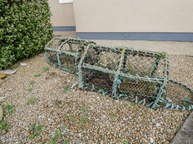 A lobster trap made of rope and netting on gravel near a bush and building wall at 8 Lios Na Sioga Binghamstown near Belmullet County Mayo