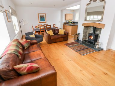 A living room with leather sofas and a wood stove fireplace at Llety'r Llwynog in Llanfallteg near Narberth