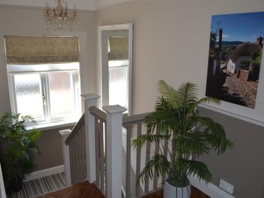 A staircase with wooden railing a large mirror potted plants a window with blinds and a photo on the wall at Lily House Minehead