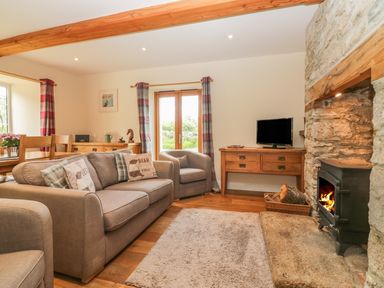 A living room with a sofa an armchair a television on a wooden console and a fireplace with logs at Higher Whiddon Farm Whiddon Well Ashburton near Newton Abbot