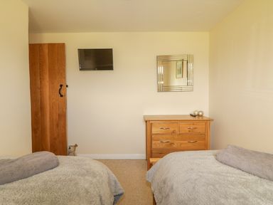 A bedroom with two single beds a wooden dresser a wall-mounted television and a mirror at Higher Whiddon Farm Whiddon Well Ashburton near Newton Abbot