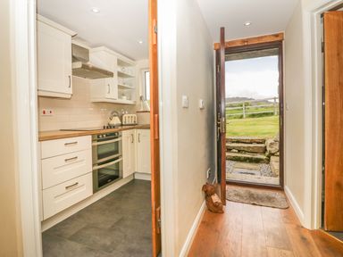 A kitchen with white cabinets and wooden countertops next to an open wooden door leading outside at Higher Whiddon Farm Whiddon Well Ashburton near Newton Abbot