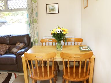 A wooden dining table with four chairs and a vase of flowers next to a brown leather sofa with cushions at Clash-Brack in Dungarvan County Waterford