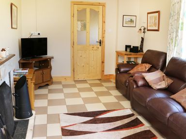 A living room with brown leather sofas a patterned rug a wooden door and a television at Clash-Brack in Dungarvan County Waterford
