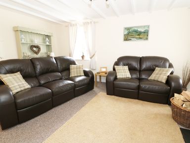A living room with two brown leather sofas a beige rug a side table with a frame and a basket with firewood at Penglanowen Fawr in Llangwyryfon near Aberystwyth