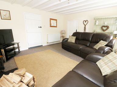A living room with leather sofas a television a basket of firewood and a rug at Penglanowen Fawr in Llangwyryfon near Aberystwyth