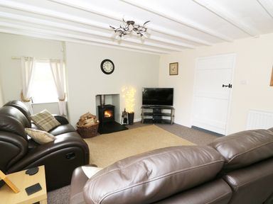 A living room with leather sofas a wood burner TV and a carpet at Penglanowen Fawr in Llangwyryfon near Aberystwyth
