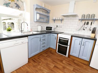 A kitchen with blue cabinets white appliances and wooden floor at Penglanowen Fawr in Llangwyryfon near Aberystwyth