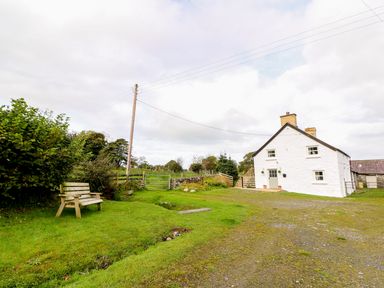 A white house with a gravel driveway and a wooden bench on a grassy lawn at Penglanowen Fawr in Llangwyryfon near Aberystwyth