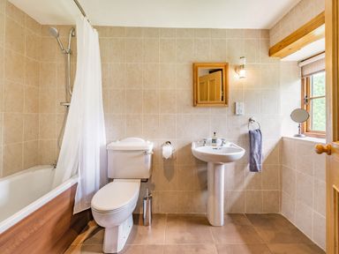 A bathroom with a bathtub shower combination toilet sink mirror and a window at Cilwen Fach in Cynwyl Elfed