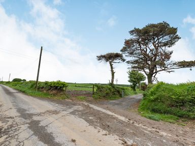 A rural road with two metal gates and trees beside green fields at Cilwen Fach in Cynwyl Elfed
