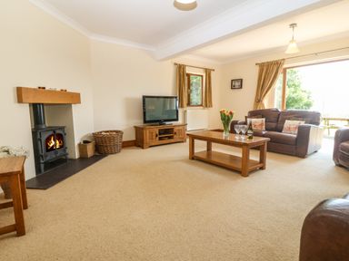 A living room with a wood-burning stove a television on a wooden stand and a wooden coffee table with flowers and glasses at Fferam Y Llyn in Rhosgoch near Cemaes Bay