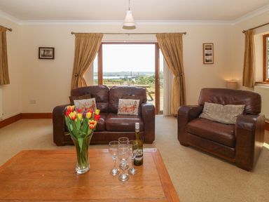 A living room with brown leather sofas a wooden coffee table with a vase of tulips and wine glasses and a glass door showing an outdoor picnic table at Fferam Y Llyn in Rhosgoch near Cemaes Bay