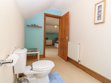 A bathroom with a toilet a towel rack and a wooden door leading to a bedroom at Fferam Y Llyn in Rhosgoch near Cemaes Bay