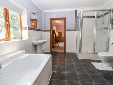 A bathroom with a bathtub sink shower toilet and a window at Fferam Y Llyn in Rhosgoch near Cemaes Bay