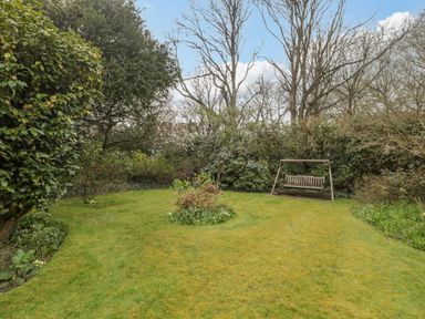 A garden with a grassy lawn a wooden swing bench trees and shrubs at West Ridge in Boscombe