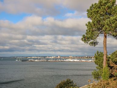 A view of a harbor with boats and yachts on the water with trees in the foreground at West Ridge in Boscombe