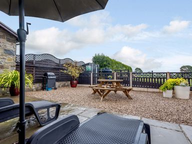 An outdoor patio area with black lounge chairs a wooden picnic table a barbecue grill and potted plants at The Stables Llanfair Caereinion near Welshpool