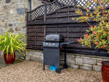 A barbecue grill on a gravel surface between two potted plants with a wooden fence and stone wall behind at The Stables in Llanfair Caereinion near Welshpool