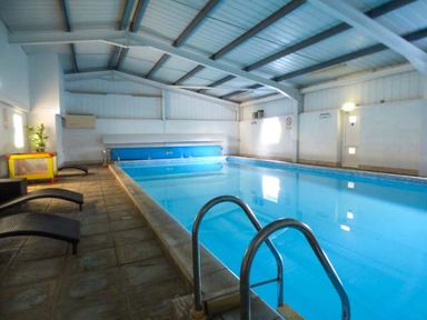 An indoor swimming pool with lounge chairs and a plant in Groom Cottage in Poughill near Bude