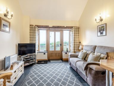 A living room with a sofa television and a patterned rug at The Granary in Llanfair Caereinion near Welshpool
