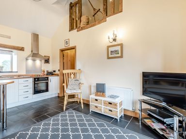 A kitchen and living area with a wooden chair and a television on a stand at The Granary Llanfair Caereinion near Welshpool