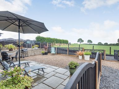 An outdoor patio area with lounge chairs tables an umbrella potted plants and a grassy field beyond at The Granary in Llanfair Caereinion near Welshpool