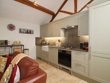 A kitchen with green cabinets a brown leather sofa and kitchen appliances at The Milking Parlour in Yarpole near Leominster