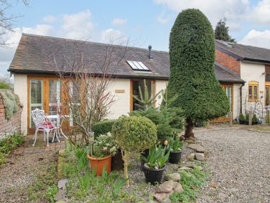 A gravel driveway with potted plants and trimmed trees outside a building with wooden doors at The Milking Parlour in Yarpole near Leominster