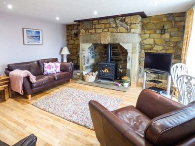 A living room with brown leather sofas a stone fireplace with wood stove and a television on a stand at Sandy Knowes in Low Hauxley near Amble