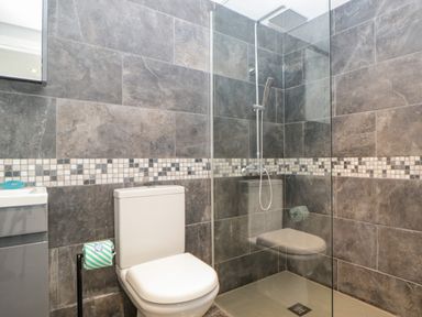 A bathroom with a white toilet and a glass-enclosed shower at The Old Dairy Maker near Millbrook