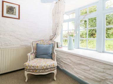 A chair with a cushion next to a radiator and window with flowers in a vase on the sill at The Old Dairy Maker near Millbrook