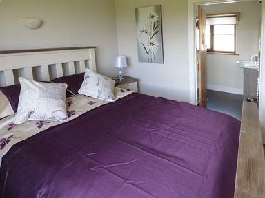 A bedroom with a bed a nightstand lamp and a door leading to a bathroom at Black Mountain View in Llanafan Fawr near Builth Wells