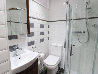 A bathroom with a sink a toilet and a glass-enclosed shower at 24 College Lane in Stratford-Upon-Avon