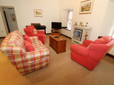 A living room with red and plaid sofas a wooden coffee table a TV on a wooden stand and a fireplace at Kingfisher Barn in Staveley near Windermere