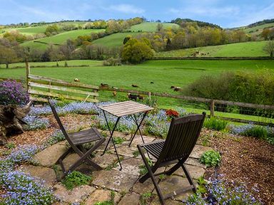 A small patio with two wooden chairs and a table surrounded by flowers with a wooden fence and green hills in the background at Glebe Farm Cottage in Llandegveth near Cwmbran