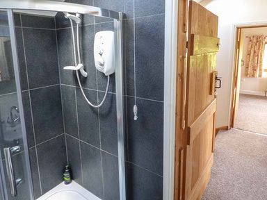 A shower with dark tiles and a wooden door leading to a carpeted room with curtains at Glebe Farm Cottage Llandegveth near Cwmbran