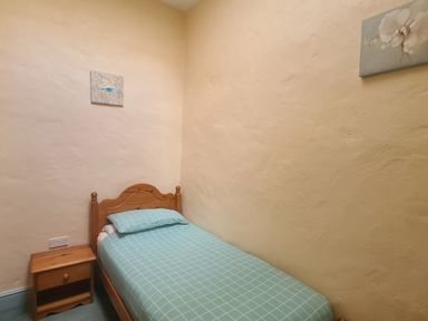 A small bedroom with a single wooden bed and bedside table at Swallow Cottage in Llanboidy